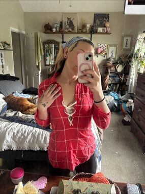 Joe's Jeans Red Windowpane Lace-Up Tunic Blouse